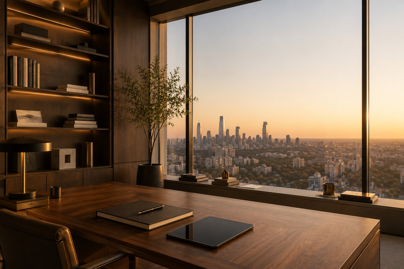 A quiet executive workspace overlooking a modern city skyline